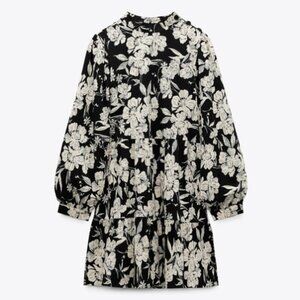 Zara High Neck Floral Black and White Mini Dress size XS